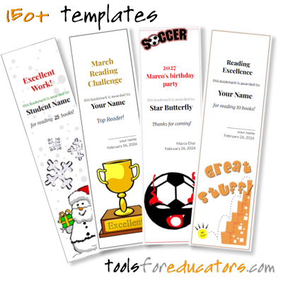 Printable bookmark maker with 150+ templates for reading challenges, awards and party favors