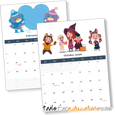 Printable classroom calendar maker with themed seasonal illustrations
