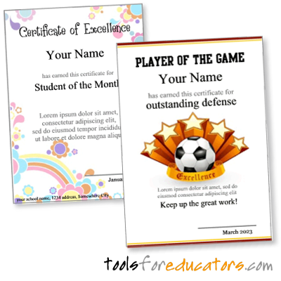 Certificate maker showing colorful award and sports certificate designs