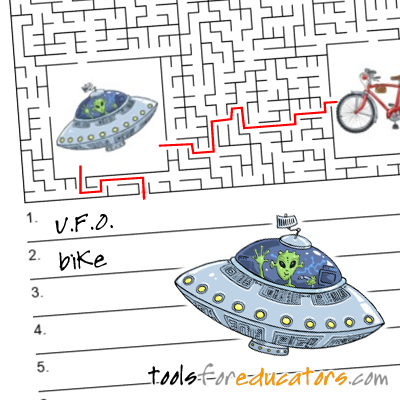 Maze maker with image content squares and writing section