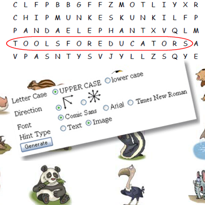 Word search maker with animal picture clues