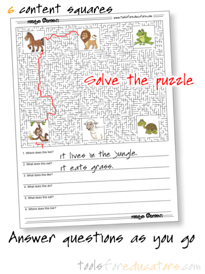6-square maze worksheet with answer lines